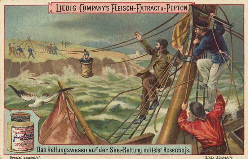 Picture series The rescue system at sea, rescue by means of a trouser buoy, Liebig picture, digitally restored reproduction of a collector's picture from around 1900, public domain, exact date unknown, people reach a ship by means of a trouser buoy for rescue