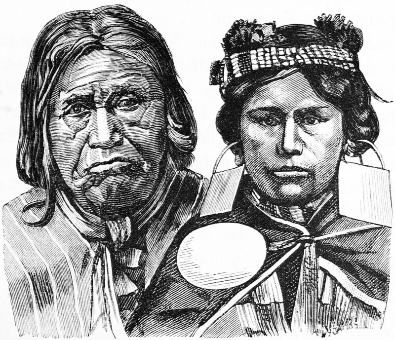 Man and woman of the indigenous Indian tribe of the Aurecans, headband, scarf, jewellery, portrait in profile and from the front, historical Chile, illustration 1888