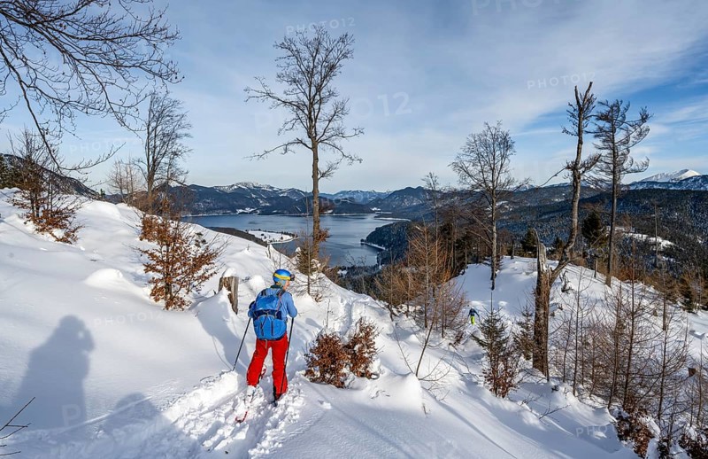 Skiers skiing down the Simetsberg, view of Walchensee and mountain panorama, Estergebirge, Bavarian Prealps, Bavaria Germany