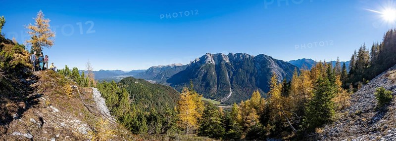 Group of mountaineers on a hiking trail through autumnal mountain forest, yellow-coloured larches, ascent to the Große Arnspitze, view of the mountain peaks of the Karwendel, near Scharnitz, Bavaria, Germany, Europe