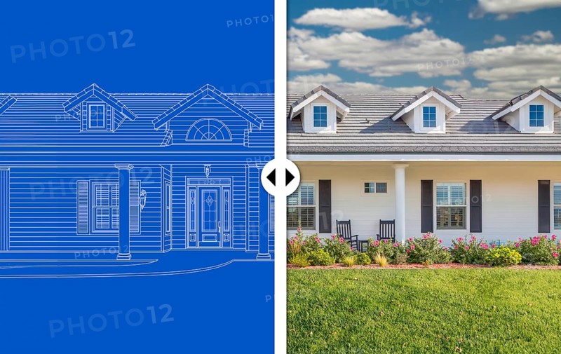 Before and after slider comparing blueprint sketch drawing plans and completed custom house