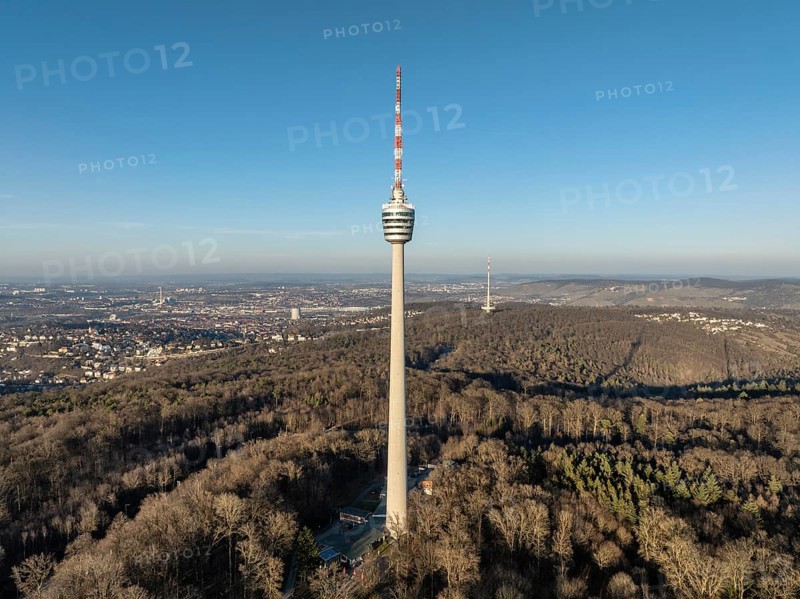 Aerial view of the 216.6 metre high Stuttgart television tower, observation tower, restaurant, radio transmitter, tourist attraction and historical landmark of the state capital Stuttgart, in operation since 1956. Behind it the telecommunications tower, Stuttgart, Degerloch, Baden-Württemberg, Germany, Europe