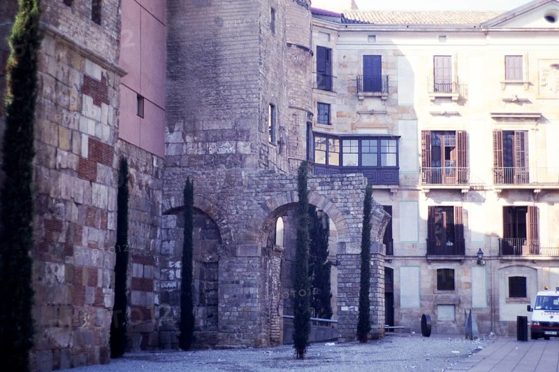 Remains of section of Roman wall in city of Barcelona, Catalonia, Spain, Europe