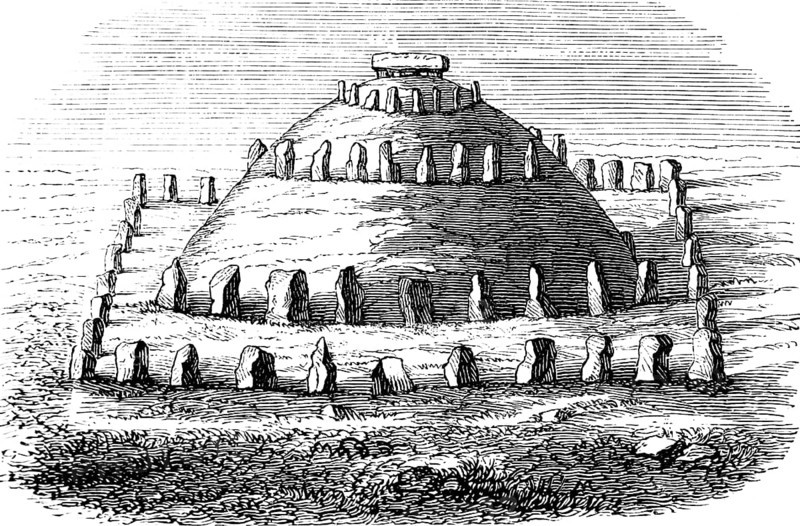 Danish tumulus with stone circles called cromlech, square and round arrangement, capstone, megalithic tomb, archaeology, history of prehistoric mankind, Denmark, historical illustration 1880, Europe