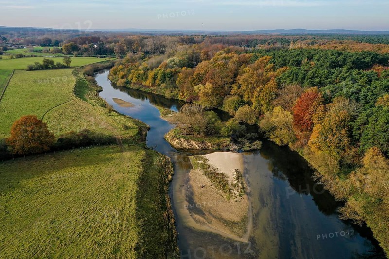 10.11.2021, Datteln, North Rhine-Westphalia, Germany - Lippe, river and floodplain development of the Lippe near Haus Vogelsang, where a near-natural river landscape was created, an intact river-floodplain ecosystem was restored with flood protection through newly designed floodplains