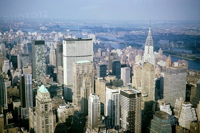 Pan Am and Chrysler building between skyscrapers, Manhattan, New York, USA 1964