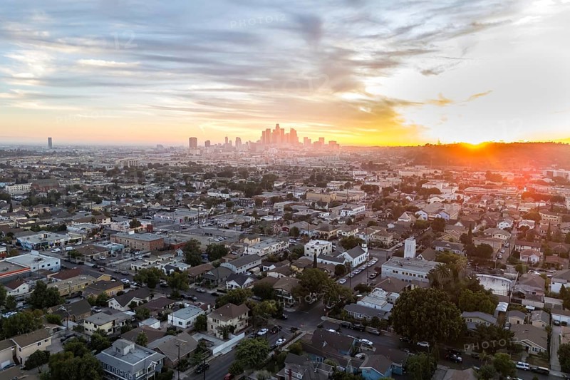 Los Angeles skyline aerial view downtown at sunset in California in Los Angeles, USA, North America