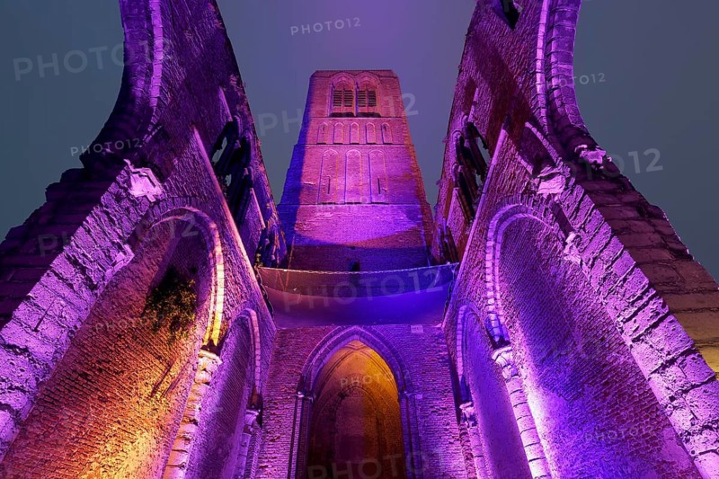 Gothic Church of Our Lady, Onze-Lieve-Vrouwekerk, former nave arcades, colourfully illuminated, twilight, Damme, West Flanders, Flanders, Belgium, Europe