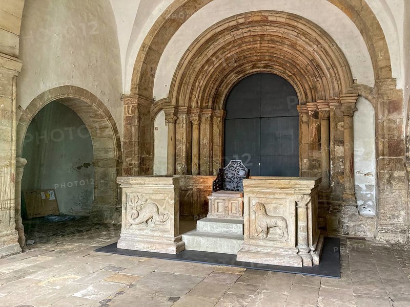 Copy of historical imperial chair from the 11th century on display in the vestibule of the former collegiate church of St Simon and Judas, Goslar, Lower Saxony, Germany, Europe