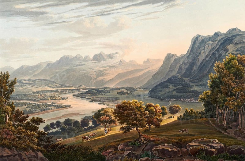 Confluence of the Ill and Rhine rivers, mouth of the Ill between Nofels and Meiningen at the Illspitz in the Alpine Rhine, Austria, Switzerland, view around 1830, digitally restored reproduction of a 19th century model by Johann Ludwig Bleuler (12 February 1792 - 28 March 1850), Swiss draughtsman and painter, Europe
