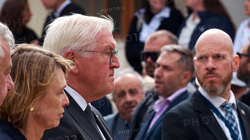 Group of people in formal dress during an event, visit of Federal President Frank-Walter Steinmeier in Kandanos on 31 October 2024, Federal President, Frank-Walter Steinmeier, memorial, war crimes, Nazis, Wehrmacht crimes, World War II, Kandanos, Southwest Crete, Crete, Greek Islands, Greece, Europe