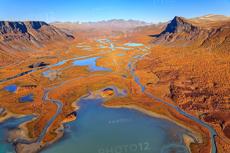 Lake, river, river delta, autumn colours, autumn, mountains, sunny, aerial view, Rapadalen, view of Skierffe and Sarek National Park, Laponia, Lapland, Sweden, Europe