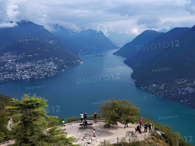 View of Lake Lugano from Monte San Salvatore, Lugano, Canton Ticino, Switzerland, Europe
