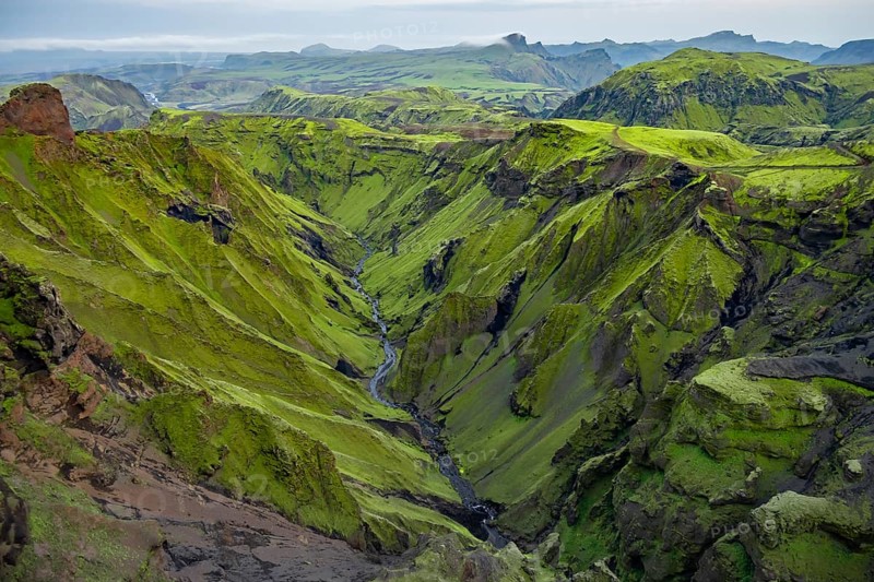 Canyon, moss-covered volcanic mountain landscape, Pakgil, Iceland, Europe