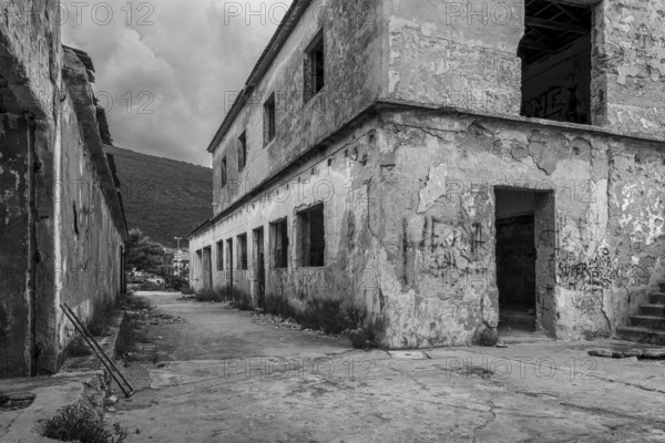 Lost Place, Abandoned building with graffiti in a gloomy environment, Peljesac, Neretva, Croatia, Europe