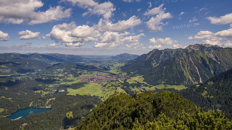Panorama from Himmelschrofen, 1790m, into the Illertal, Freibergsee and Oberstdorf, Allgäu Alps, Allgäu, Bavaria, Germany, Europe