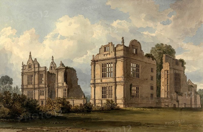 South East View of the Ruins of Moreton Corbet Castle, Shropshire, England, digitally restored reproduction of a 19th-century original by John Buckler, Record date not stated, South East View of the Ruins of Moreton Corbet Castle, digitally restored reproduction of a 19th-century original, Record date not stated
