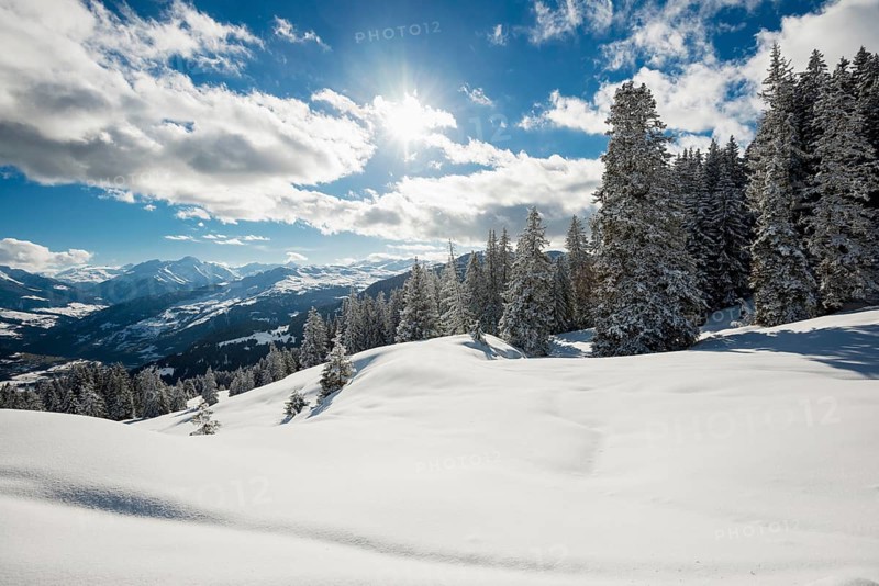 Snow-covered winter landscape, above Flims and Laax, view of the Vorderrheintal, Canton of Graubünden, Switzerland, Europe