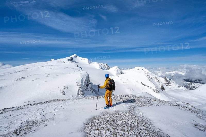 Ski touring in mountain landscape with snow, summit Wildhorn with Tungel glacier, Bernese Alps, Switzerland, Europe