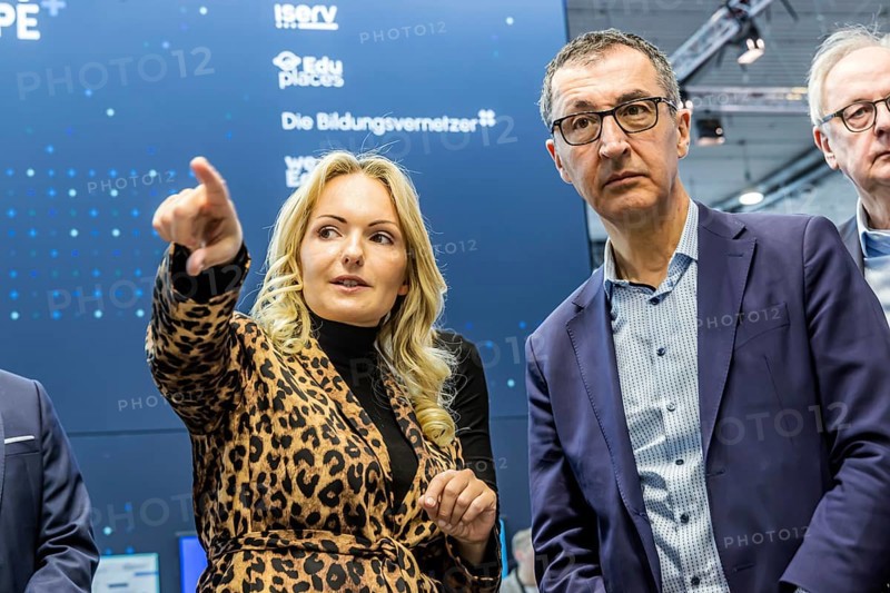 Education Minister Cem Özdemir visits Europe's largest education trade fair Didacta in Stuttgart. At the Festo stand. Left: Prof Dr Julia Knopf, Didacta board member. Didacta 2025 focuses on the key theme of democracy education. Stuttgart, Baden-Württemberg, Germany, Europe