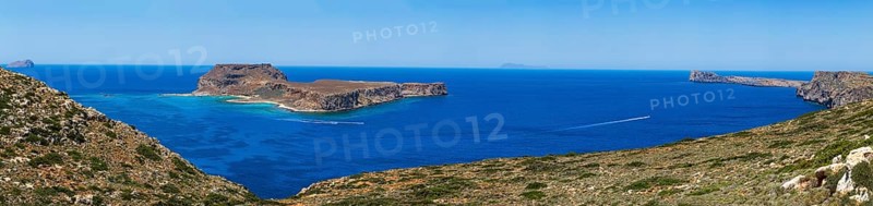 View from the Gramvousa peninsula to the island of Imeri Gramvousa, Kolimbari, West Crete, Crete, Greece, Europe