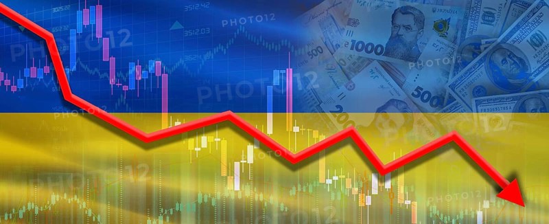 Financial fall of Ukraine on economy market. Ukraine financial crisis on economic graph