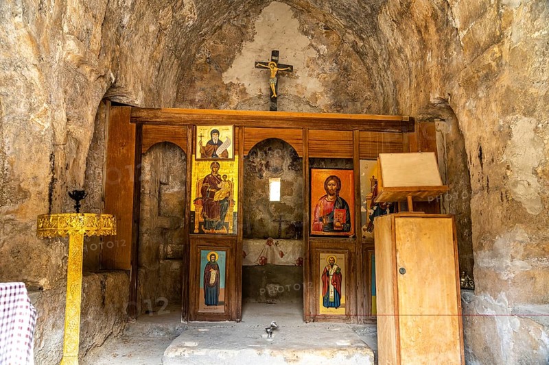 Interior of the Byzantine church of Agia Panagia, ancient town of Lisos near Sougia, Crete, Greece, Europe