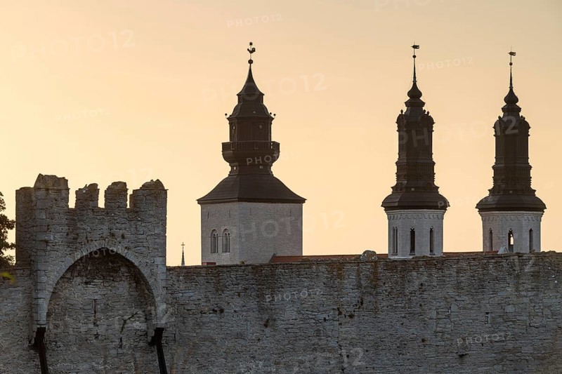 Historic city wall and cathedral towers, Hanseatic city of Visby, UNESCO World Heritage Site, Gotland Island, Sweden, Europe