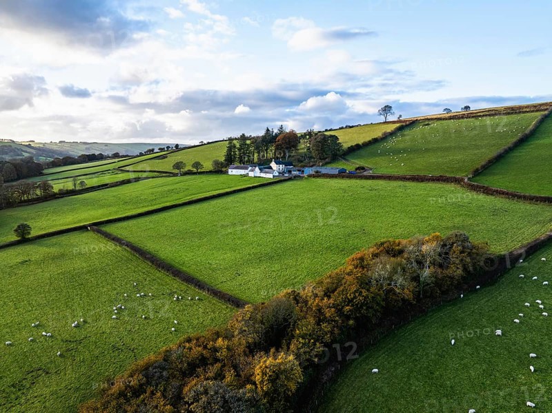Farms over Trecastle from a drone at sunset, Brecon Beacons National Park, Powys, Wales, England, United Kingdom, Europe