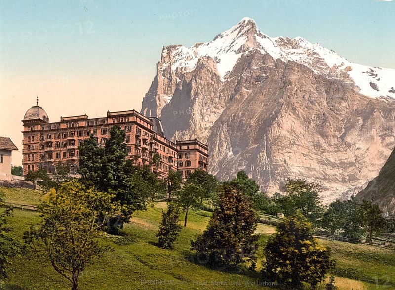 Grindelwald, View of Hotel Bären and Wetterhorn, Bernese Oberland, Switzerland, Historic, digitally restored reproduction from a 19th century original, Record date not stated, view of Hotel Bären and Wetterhorn Mountain, Bernese Oberland, Switzerland, Historic, digitally restored reproduction from a 19th century original, Record date not stated, Europe