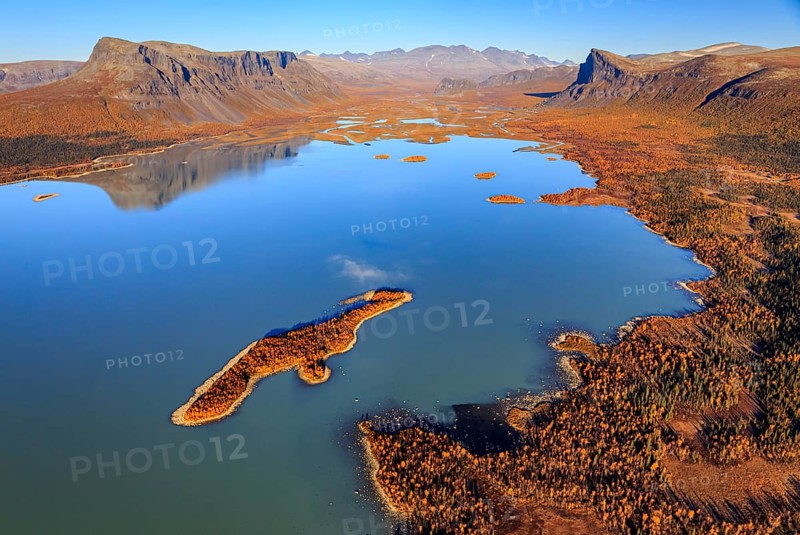 Lake, river, river delta, autumn colours, autumn, mountains, sunny, aerial view, Rapadalen, view of Skierffe and Sarek National Park, Laponia, Lapland, Sweden, Europe