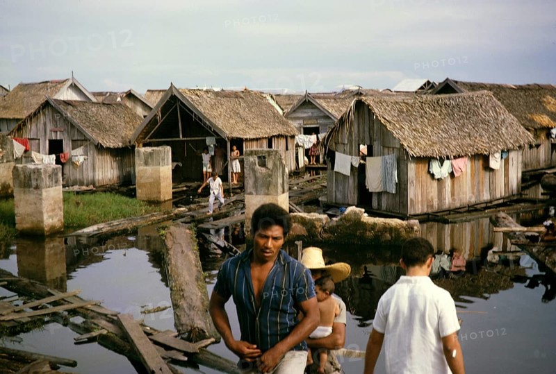 Informal shelters built on logs, known as the floating city, Manaus, Brazil 1962