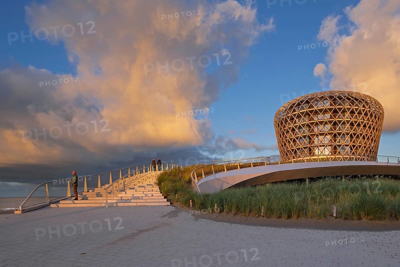 SILT venue housing casino, hotel and restaurant on promenade in seaside resort Middelkerke along the North Sea coast at sunset, West Flanders, Belgium, Europe