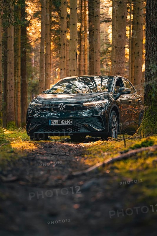 Black car in the forest at sunset, quiet autumn atmosphere, car sharing vehicle Deer Mobility, electric car VW ID5, Black Forest, Germany, Europe