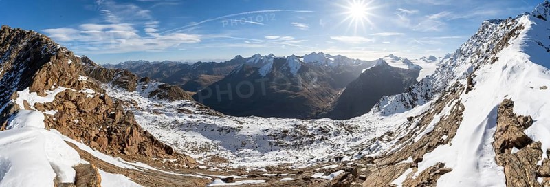 Mountain panorama, view of the summit of Gurgler Tal, from Ramoljoch, in autumn with snow, Sonnenstern, Ötztal Alps, Tyrol, Austria, Europe