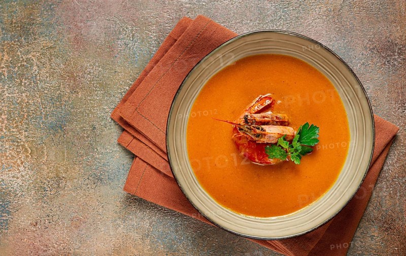 Shrimp cream soup, bisque soup, French cuisine, homemade, no people