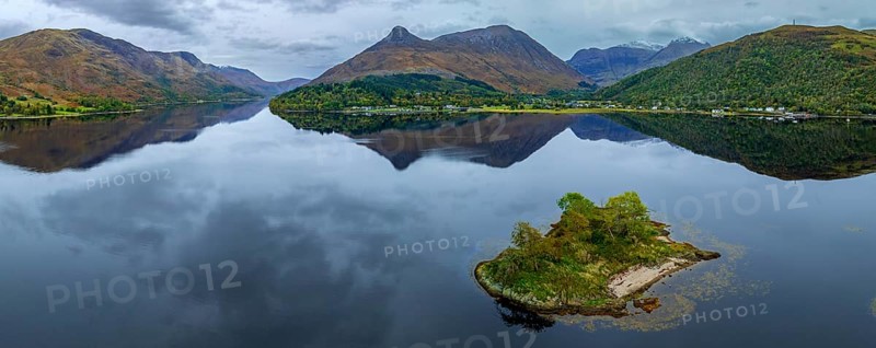 Mountains reflected in fjord, coast, island, autumn, cloudy, aerial view, panorama, Loch Leven, view of Glencoe, Scotland, Great Britain