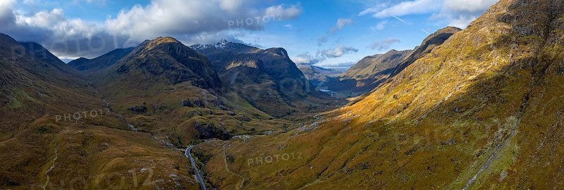 Cloudy mood, morning light, road, valley, mountains, aerial view, panorama, autumn, Glencoe, Three Sisters, Scottish Highlands, Scotland, Great Britain