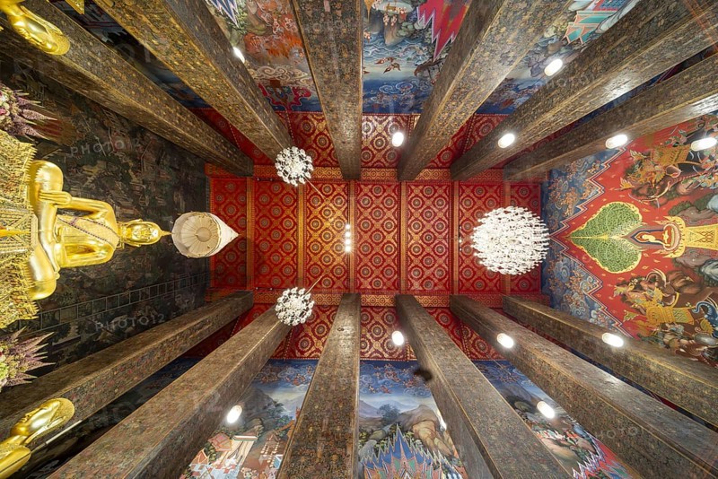 Frog's-eye view: coffered ceiling and golden Buddha statue, Bhumispara-mudra, Buddha Gautama at the moment of enlightenment, Wat Worawihan, Wat Prayurawongsawas Worawihan, Bangkok, Thailand, Asia