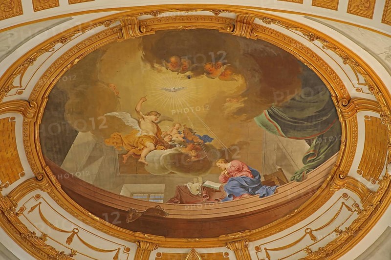 Ceiling fresco Annunciation of the Lord to Mary by Januarius Zick 1783, Rococo, angel, rays of light, message, God, message, proclaim, Saint Spirit, birth, Jesus, craftsmanship, painting, interior view, monastery church, St. Peter and Paul, Oberelchingen, Elchingen, Upper Swabia, Swabia, Bavaria, Germany, Europe