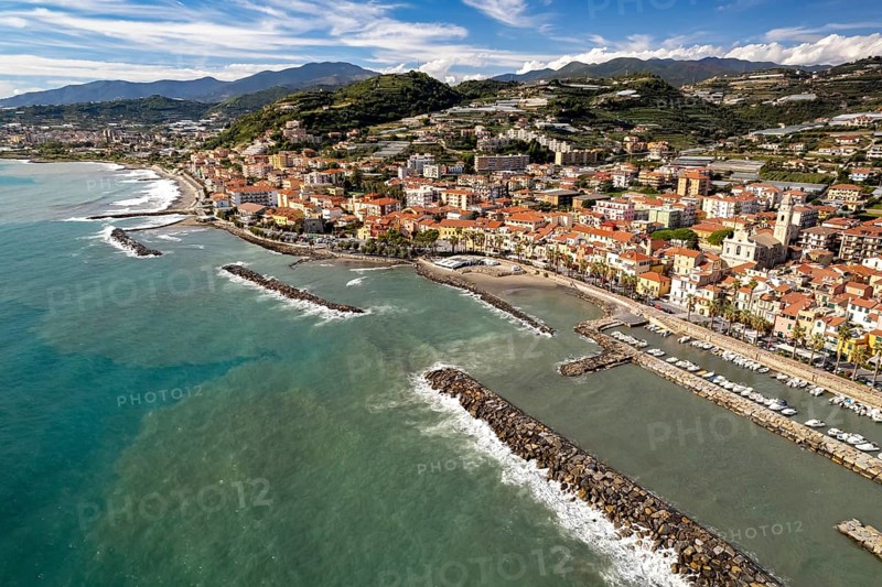 Aerial view of the town and harbour of Riva Ligure, Riviera di Ponente, Liguria, Italy, Europe