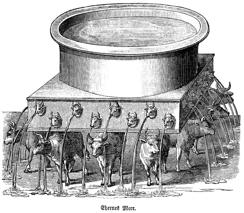 The Sea of Honour or Great Sea stood in Solomon's temple in the forecourt of the priests and served them for washing, Quadtrat, cattle, cattle mouths spit water, 4th book of Moses, Bible, historical illustration, Biblisches Handwörterbuch 1862