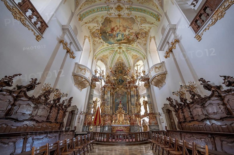 Choir room with basilica insignia of the Maria Brünnlein pilgrimage basilica in rococo style built between 1748 and 1782, Wemding, Swabia Bavaria, Germany, Europe