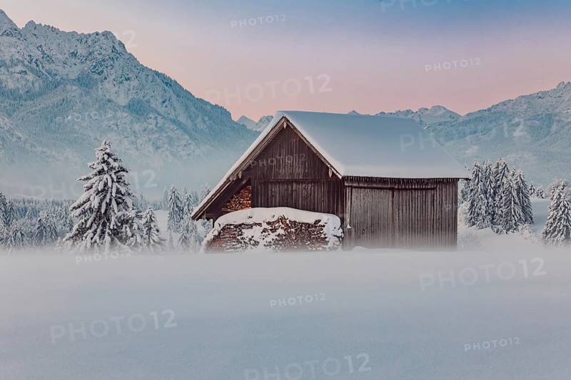 Deep snowy winter morning mood near Halblech in the foothills of the Alps in the Allgäu with the mountains in the background, Bavaria, Germany, Europe