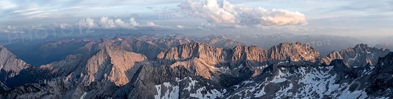 Panorama, Summit of the Mieminger Kette with Hohe Munde and Hochwand at sunset, Impressive rocky mountain landscape, Mountain panorama from the summit of the Zugspitze, Northern Limestone Alps, Wetterstein Mountains, Bavaria, Germany, Europe
