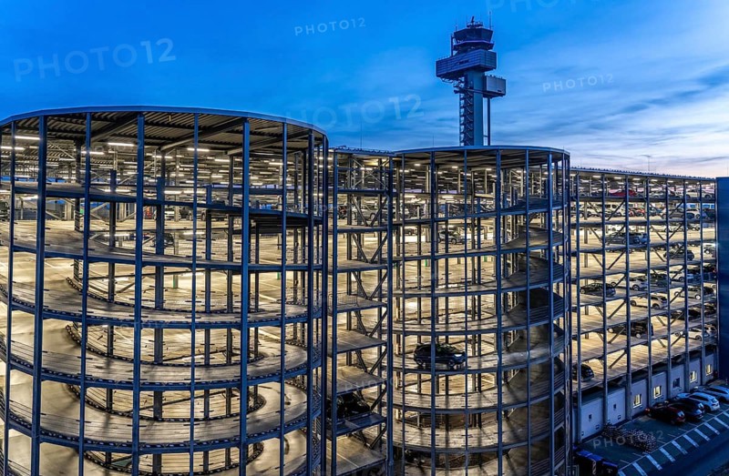 Düsseldorf Airport, German Air Traffic Control Tower, DFS, car park, North Rhine-Westphalia, Germany, Europe