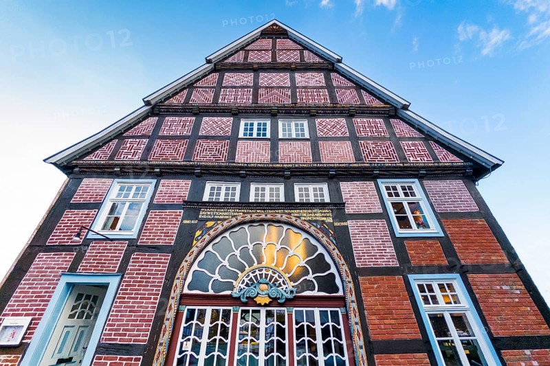 Old half-timbered house in Rietberg, old building, half-timbered, facade, architecture, architectural style, farmhouse, property, East Westphalia, Germany, Europe