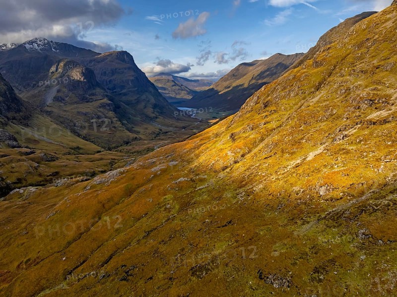 Cloudy mood, morning light, valley, mountains, aerial view, autumn, Glencoe, Three Sisters, Scottish Highlands, Scotland, Great Britain