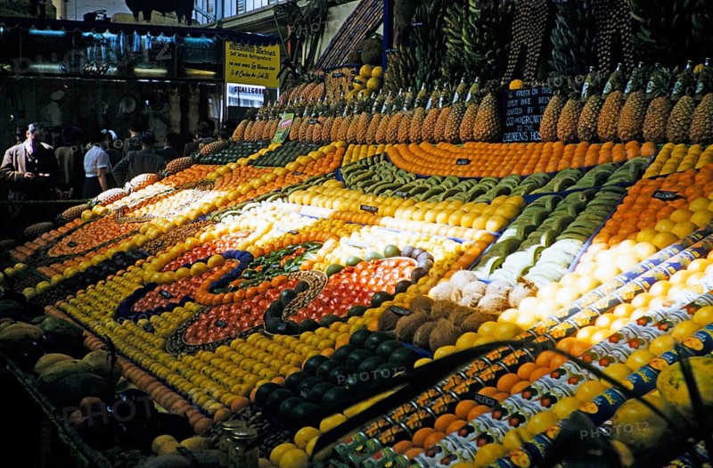Attractive display of fruit and vegetable stalls, Melbourne, Victoria, Australia, 1956, Oceania