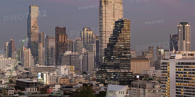 Panorama from the viewing platform of the Iconsiam of the skyscrapers, hotels and the Bang Rak banking district, skyline of Bangkok, Thailand, Asia